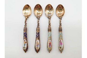ドイツアンティーク　ドレスデン　Heinrich Mau(ハインリッヒ・マウ)　シルバー800　華やかな磁器ハンドルのスプーン12本セット　共箱付き　(R-090983)
