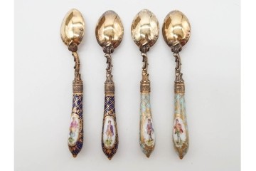 ドイツアンティーク　ドレスデン　Heinrich Mau(ハインリッヒ・マウ)　シルバー800　華やかな磁器ハンドルのスプーン12本セット　共箱付き　(R-090983)