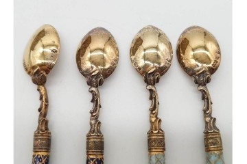 ドイツアンティーク　ドレスデン　Heinrich Mau(ハインリッヒ・マウ)　シルバー800　華やかな磁器ハンドルのスプーン12本セット　共箱付き　(R-090983)