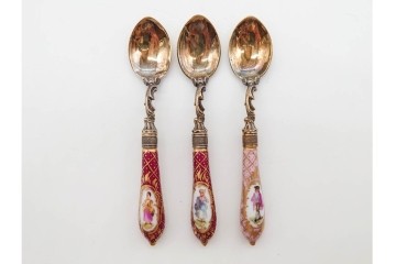 ドイツアンティーク　ドレスデン　Heinrich Mau(ハインリッヒ・マウ)　シルバー800　華やかな磁器ハンドルのスプーン12本セット　共箱付き　(R-090983)