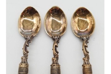 ドイツアンティーク　ドレスデン　Heinrich Mau(ハインリッヒ・マウ)　シルバー800　華やかな磁器ハンドルのスプーン12本セット　共箱付き　(R-090983)