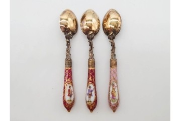 ドイツアンティーク　ドレスデン　Heinrich Mau(ハインリッヒ・マウ)　シルバー800　華やかな磁器ハンドルのスプーン12本セット　共箱付き　(R-090983)