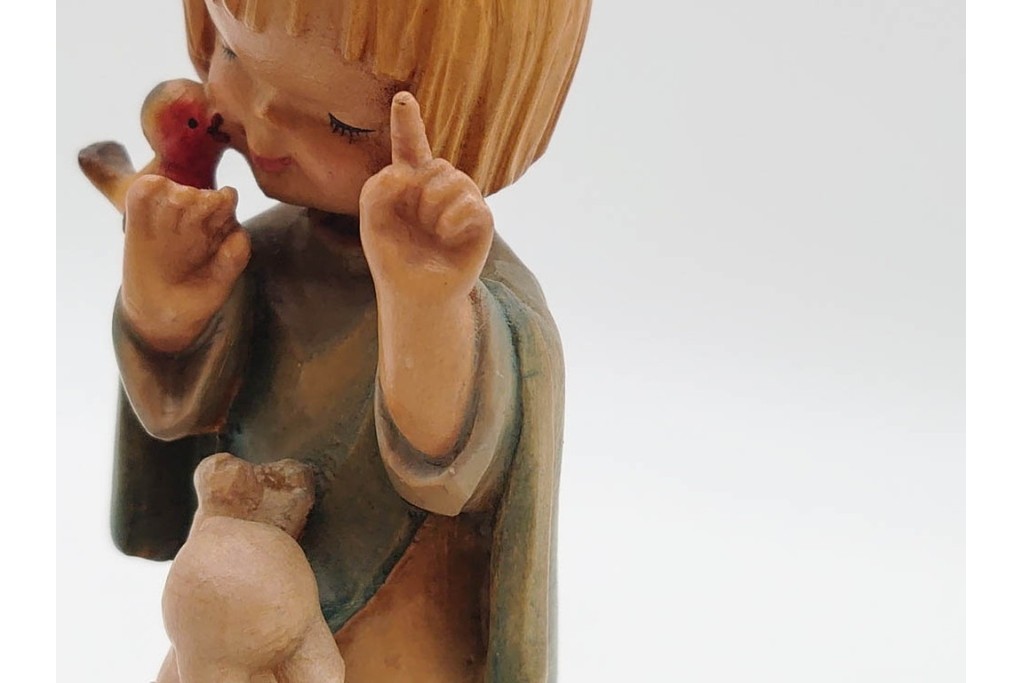 イタリア　ANRI(アンリ)　REUGE(リュージュ)製ムーブメント　「Talk to the Animals」　少女と動物が愛らしい木彫りのオルゴール　(R-090984)
