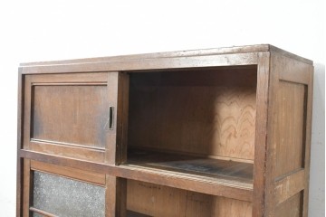 和製アンティーク　昭和初期から昭和中期　ナラ材　引き出し膳付きのレトロな食器棚　(R-091040)