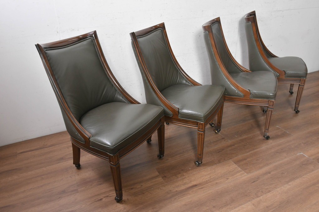 中古　美品　希少な廃番品　maruni(マルニ木工)　地中海ロイヤルシリーズ(ROYAL)　本革　木製脚がクラシカルなキャスター付きダイニングチェア4脚セット　定価(4脚合計)約68万円　(R-091059)