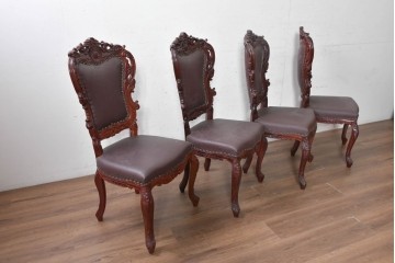 中国ヴィンテージ　美品　高級品　花梨材　繊細な彫刻や鋲飾りが華やかな本革張りのダイニングチェア4脚セット　(R-091063)