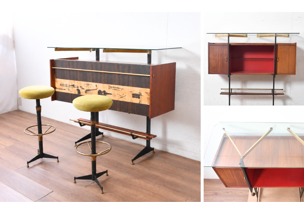 イタリアヴィンテージ　1950年から1960年頃　楽器モチーフが目を引くカウンターテーブルとチェア2脚セット　(R-091066)