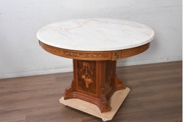 中古　イタリア　大理石天板　花籠や蔓草の象嵌を施したクラシカルなラウンドテーブル　定価約40万円　(R-091084)