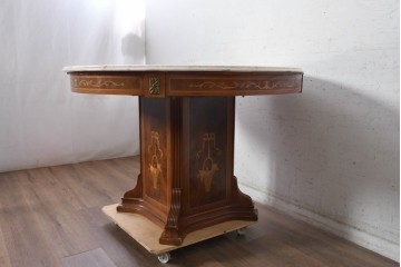 中古　イタリア　大理石天板　花籠や蔓草の象嵌を施したクラシカルなラウンドテーブル　定価約40万円　(R-091084)