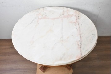 中古　イタリア　大理石天板　花籠や蔓草の象嵌を施したクラシカルなラウンドテーブル　定価約40万円　(R-091084)
