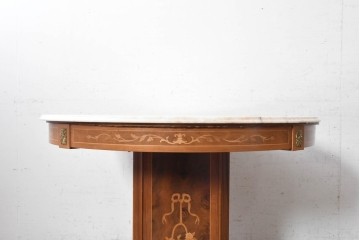 中古　イタリア　大理石天板　花籠や蔓草の象嵌を施したクラシカルなラウンドテーブル　定価約40万円　(R-091084)