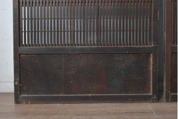 アンティーク建具　明治から大正期　細かな縦格子に裏障子枠付きの格子戸2枚セット　(R-091092)