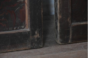 アンティーク建具　明治から大正期　細かな縦格子に裏障子枠付きの格子戸2枚セット　(R-091092)