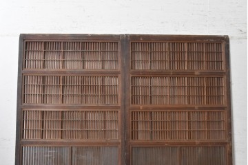 アンティーク建具　明治から大正期　細かな縦格子に裏障子枠付きの格子戸2枚セット　(R-091092)