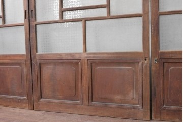 アンティーク建具　昭和初期　上手物!!　腰板欅(ケヤキ)材　大正ロマンの趣を感じるガラス戸3枚セット　(R-091108)
