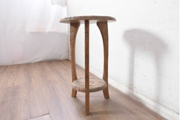 和製ヴィンテージ　日光彫り　花々を敷き詰めたような意匠が美しい花台と皿のセット　(R-091133)