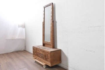 和製ヴィンテージ　日光彫り　多彩な草花の彫りを贅沢に楽しめる鏡台　(R-091136)