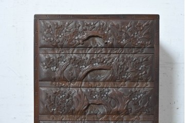 和製ヴィンテージ　日光彫り　梅の花と枝を大胆に描いたサイドチェスト　(R-091137)