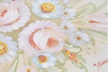 中古　イタリア製　美品　人物像と花籠装飾をあしらったガラス天板付きダイニングテーブル　(R-091161)