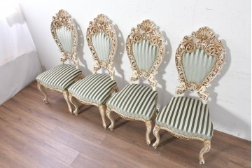 中古　イタリア製　美品　彫刻装飾が見事なストライプ張りのダイニングチェア4脚セット　(R-091162)
