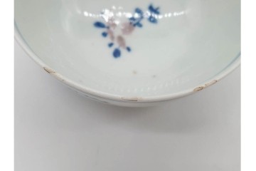 中国　古玩　大明成化年製　染付・浅紅釉　草花文を描いた茶呑茶碗5点セット　外箱付き　(R-091175)