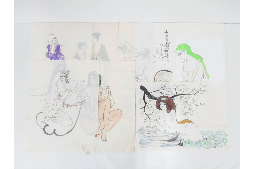 真作　小島功　肉筆　艶やかな女性たちを描いた水彩画など9枚セット　(R-091177)