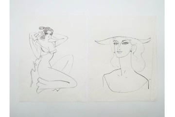 真作　小島功　肉筆　個性豊かな女性像を描いたスケッチ19枚セット　(R-091178)