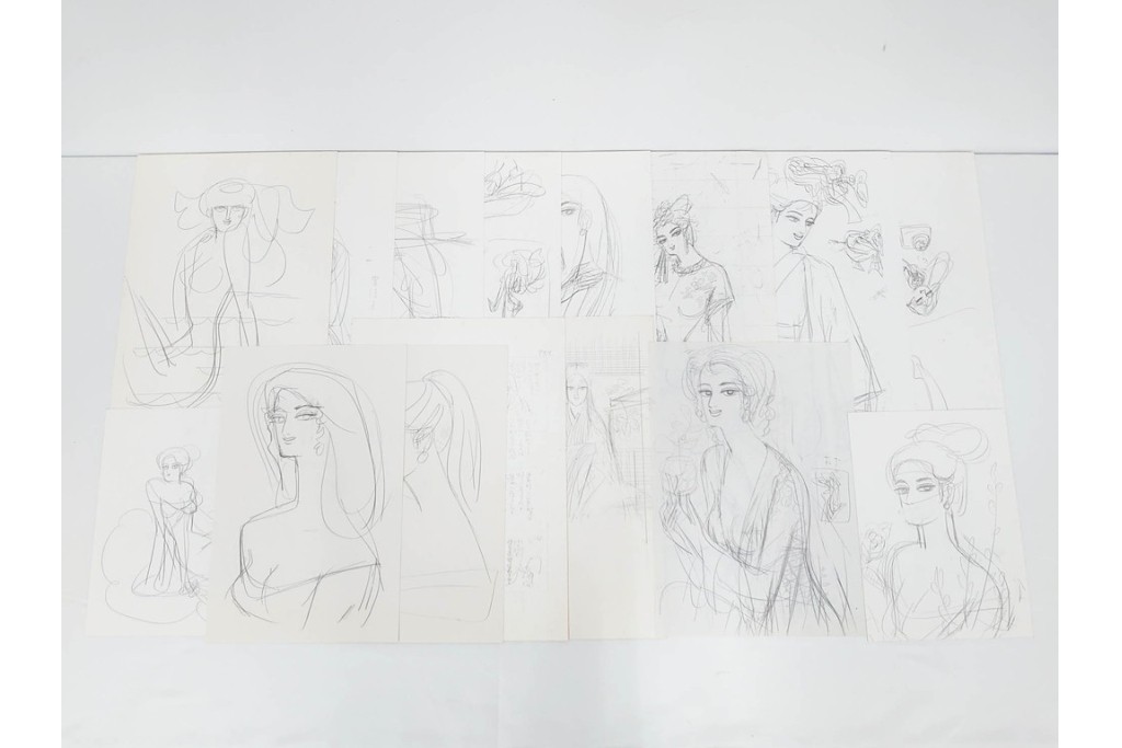 真作　小島功　肉筆　個性豊かな女性像を描いたスケッチ15枚セット　(R-091179)