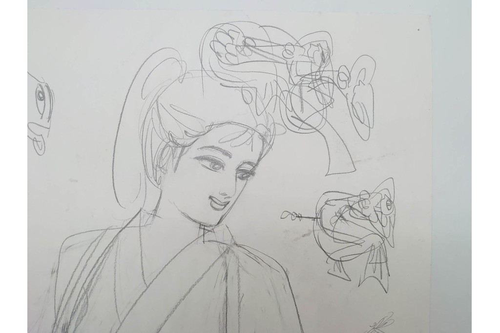 真作　小島功　肉筆　個性豊かな女性像を描いたスケッチ15枚セット　(R-091179)