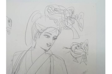真作　小島功　肉筆　個性豊かな女性像を描いたスケッチ15枚セット　(R-091179)