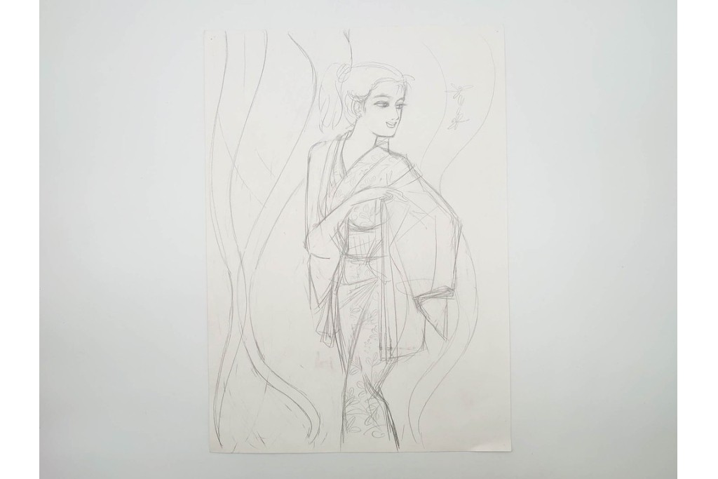 真作　小島功　肉筆　個性豊かな女性像を描いたスケッチ15枚セット　(R-091179)