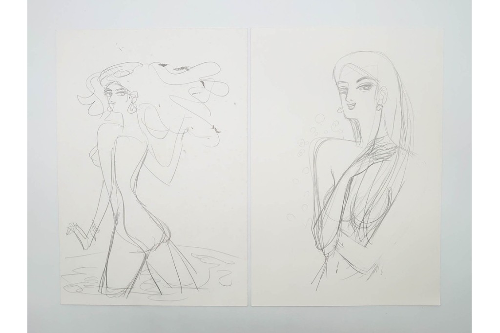 真作　小島功　肉筆　個性豊かな女性像を描いたスケッチ15枚セット　(R-091179)