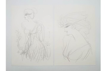 真作　小島功　肉筆　個性豊かな女性像を描いたスケッチ15枚セット　(R-091179)