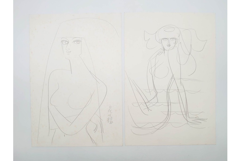 真作　小島功　肉筆　個性豊かな女性像を描いたスケッチ15枚セット　(R-091179)
