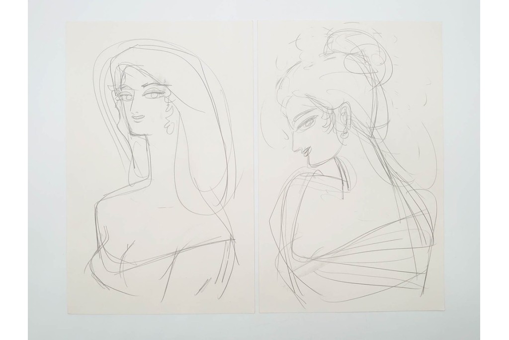 真作　小島功　肉筆　個性豊かな女性像を描いたスケッチ15枚セット　(R-091179)