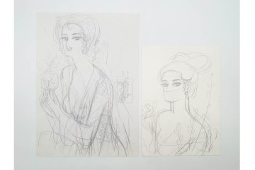 真作　小島功　肉筆　個性豊かな女性像を描いたスケッチ15枚セット　(R-091179)