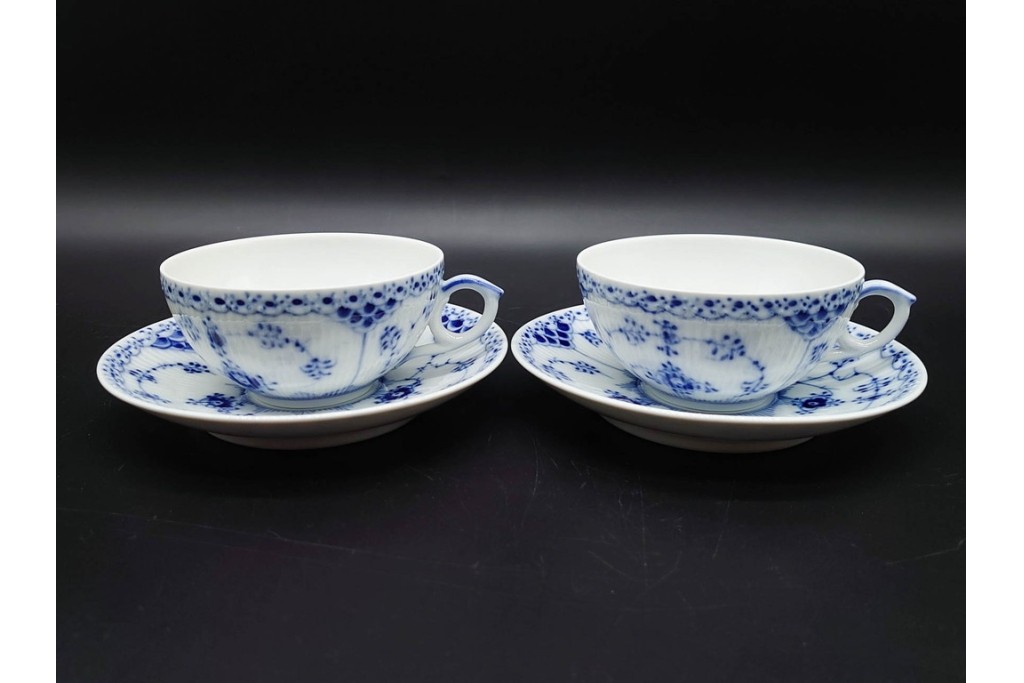 デンマーク製　ROYAL COPENHAGEN(ロイヤルコペンハーゲン)　ブルーフルーテッド　ハーフレース　ティーカップ&ソーサー6客セット　定価(6客合計)17万8200円　(R-091190)
