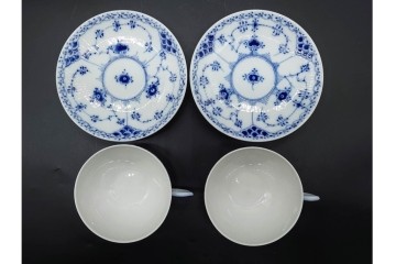 デンマーク製　ROYAL COPENHAGEN(ロイヤルコペンハーゲン)　ブルーフルーテッド　ハーフレース　ティーカップ&ソーサー6客セット　定価(6客合計)17万8200円　(R-091190)