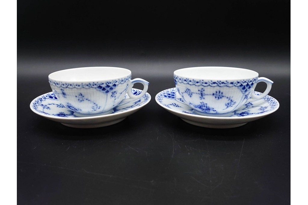デンマーク製　ROYAL COPENHAGEN(ロイヤルコペンハーゲン)　ブルーフルーテッド　ハーフレース　ティーカップ&ソーサー6客セット　定価(6客合計)17万8200円　(R-091190)