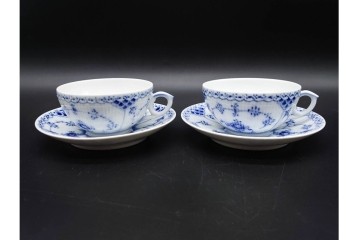 デンマーク製　ROYAL COPENHAGEN(ロイヤルコペンハーゲン)　ブルーフルーテッド　ハーフレース　ティーカップ&ソーサー6客セット　定価(6客合計)17万8200円　(R-091190)