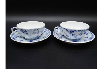 デンマーク製　ROYAL COPENHAGEN(ロイヤルコペンハーゲン)　ブルーフルーテッド　ハーフレース　ティーカップ&ソーサー6客セット　定価(6客合計)17万8200円　(R-091190)