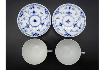 デンマーク製　ROYAL COPENHAGEN(ロイヤルコペンハーゲン)　ブルーフルーテッド　ハーフレース　ティーカップ&ソーサー6客セット　定価(6客合計)17万8200円　(R-091190)