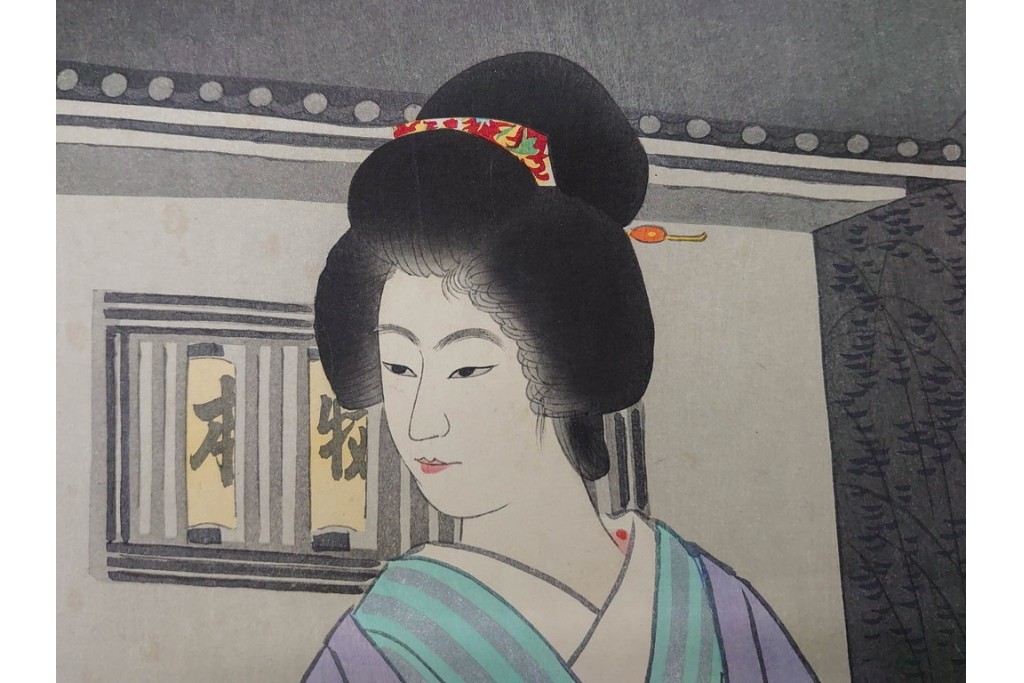 真作　昭和36年春作　神保朋世　「雨」　和傘を手にした女性を描いた木版画　(R-091199)
