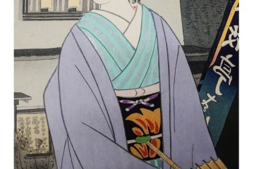 真作　昭和36年春作　神保朋世　「雨」　和傘を手にした女性を描いた木版画　(R-091199)