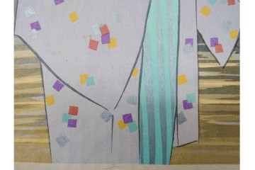 真作　昭和36年春作　神保朋世　「雨」　和傘を手にした女性を描いた木版画　(R-091199)