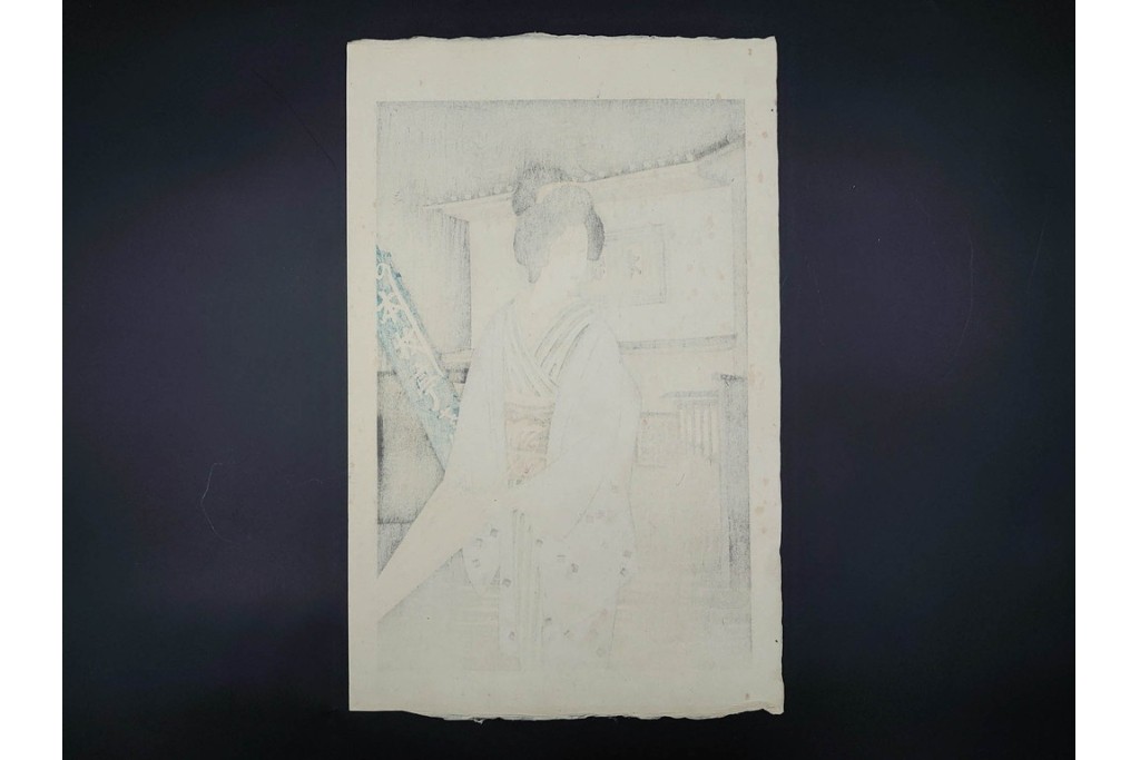 真作　昭和36年春作　神保朋世　「雨」　和傘を手にした女性を描いた木版画　(R-091199)