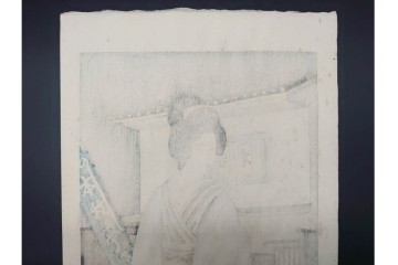 真作　昭和36年春作　神保朋世　「雨」　和傘を手にした女性を描いた木版画　(R-091199)