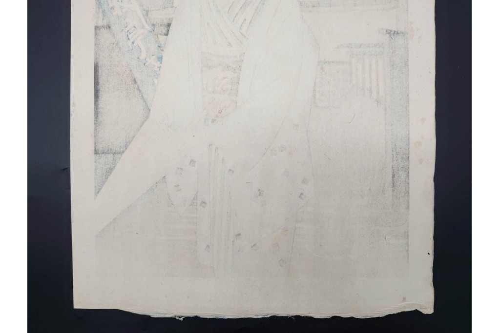 真作　昭和36年春作　神保朋世　「雨」　和傘を手にした女性を描いた木版画　(R-091199)