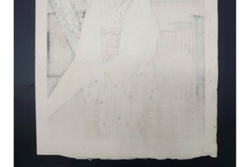 真作　昭和36年春作　神保朋世　「雨」　和傘を手にした女性を描いた木版画　(R-091199)