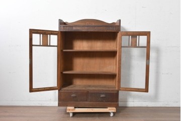 和製アンティーク　大正から昭和初期　象嵌装飾をあしらったガラス扉の本箱　(R-091235)